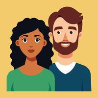 a man and woman are standing together in front of a yellow background vector