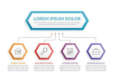 Infographic template with hexagons with main idea and 4 steps or options, workflow, process chart vector