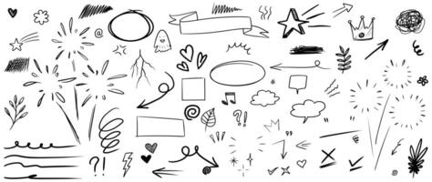 Hand drawn doodle style collection of heart, scribble, star, check mark, spirals, arrow, highlight, speech bubble, underline, sparkles, leaves, wind, lightning, and emphasis vector