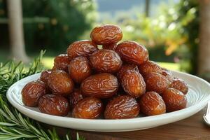 A plate of dates on a table with a spoon photo