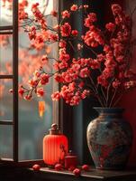 A serene indoor scene featuring a vase of cherry blossoms and decorative lanterns. photo