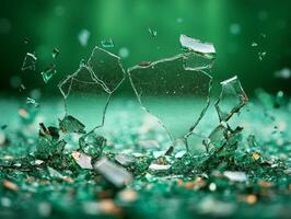 A close-up of shattered glass pieces on a green background, showcasing dynamic motion. photo