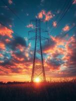 A silhouette of a power tower against a vibrant sunset with colorful clouds. photo