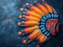 A vibrant arrangement of colorful feathers and beads, resembling a traditional headdress. photo