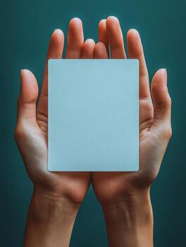 Two hands holding a blank card against a textured background. photo