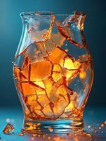 A shattered glass vase filled with orange liquid and ice, creating a dramatic visual effect. photo