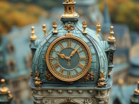 Ornate clock tower with intricate design and golden accents. photo