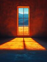 A warm, illuminated window reveals a serene landscape of mountains and golden fields. photo