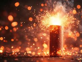 A sparkler igniting with bright sparks and smoke, creating a festive atmosphere. photo