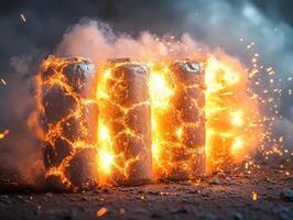 Four glowing, explosive cylinders surrounded by smoke and sparks. photo