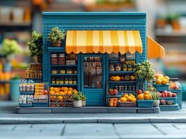 A colorful miniature grocery store with fruits and vegetables displayed outside. photo