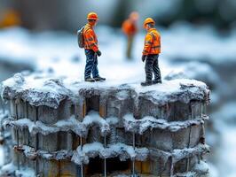 Miniature construction workers on a snowy structure, showcasing industry and environment. photo