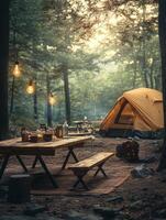 A cozy camping scene with a yellow tent, picnic table, and warm lighting in a forest. photo