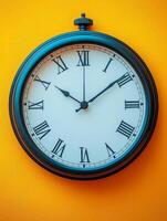 A round wall clock displaying Roman numerals against a vibrant yellow background. photo