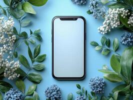 A smartphone surrounded by greenery and flowers on a blue background. photo
