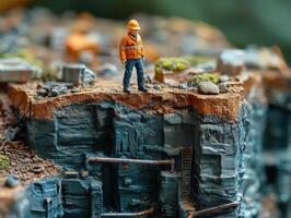 A miniature construction scene featuring a worker on a rocky terrain. photo