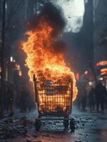 A burning shopping cart in a chaotic urban scene, symbolizing unrest and destruction. photo