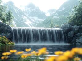 A serene waterfall surrounded by mountains and flowers, capturing nature's beauty. photo