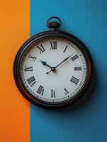 A vintage pocket watch displayed against a split-color background of orange and blue. photo