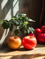 A warm, sunlit scene featuring two apples and a small leafy branch on a wooden surface. photo