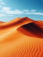 A serene desert landscape with rolling sand dunes under a clear blue sky. photo