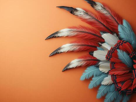 A vibrant arrangement of colorful feathers on an orange background. photo