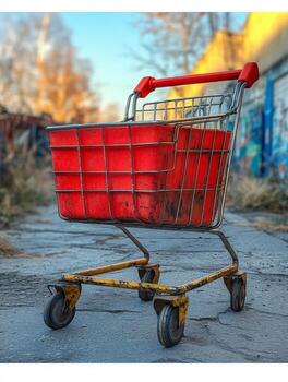 A red shopping cart sits on a cracked pavement in an urban environment. photo
