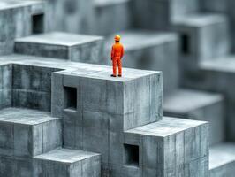 A miniature figure in an orange outfit stands atop a concrete structure, symbolizing exploration. photo