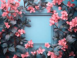 A vibrant floral frame with pink flowers against a blue background, ideal for decoration or design. photo