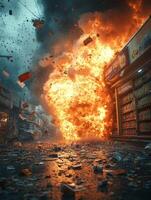 A dramatic explosion in an urban setting, with debris and flames engulfing a storefront. photo
