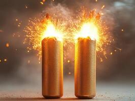 Two explosive devices emitting sparks and flames in a dramatic display. photo