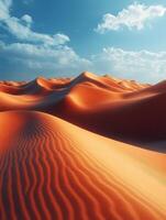 A serene desert landscape with rolling sand dunes under a bright blue sky. photo