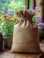 A burlap sack sits on a wooden table near blooming flowers, suggesting a rustic, natural setting. photo
