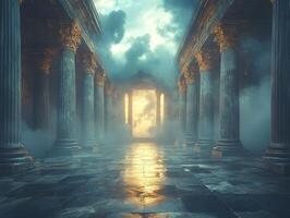 A mystical ancient temple with columns and a glowing doorway amidst fog and light. photo