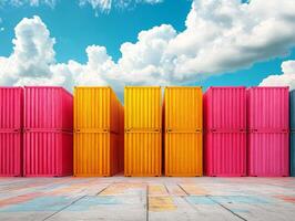 Colorful shipping containers arranged against a bright sky with clouds. photo