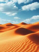 A serene desert landscape with rolling orange dunes under a blue sky with clouds. photo