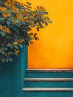 A vibrant staircase with lush foliage against a bright yellow wall. photo