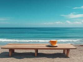 A serene beach scene featuring a wooden bench and a yellow cup on a plate by the sea. photo