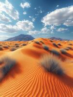 A serene desert landscape with rolling dunes and sparse vegetation under a blue sky. photo