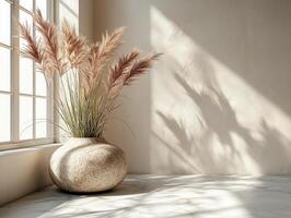 A serene interior scene featuring a decorative vase with pampas grass by a sunlit window. photo