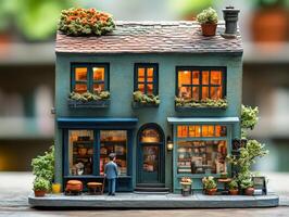 A charming miniature bookstore with a cozy, inviting atmosphere and lush greenery. photo