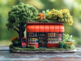 A miniature grocery store model with vibrant greenery and colorful canned goods. photo