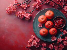 A vibrant arrangement of oranges and pink blossoms on a red background, symbolizing prosperity. photo