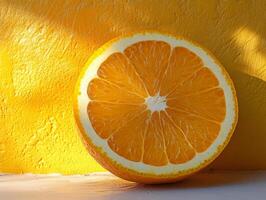 A vibrant orange slice against a bright yellow background, showcasing its juicy texture. photo