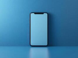 A smartphone displayed on a blue background, showcasing a blank screen. photo