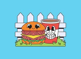 Cute character burger and drink characters by a fence vector