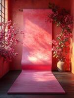 A serene indoor space featuring a pink backdrop, floral accents, and warm lighting. photo
