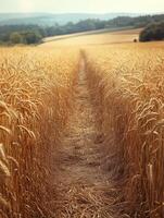 Golden wheat field with a pathway leading through the crops under a clear sky. photo