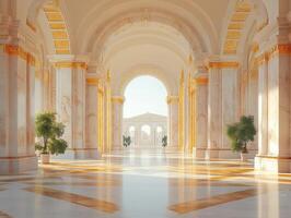 A grand, sunlit hall with marble columns and golden accents, featuring potted plants. photo