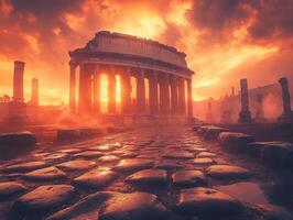 A stunning sunset over ancient ruins, highlighting the beauty of historical architecture. photo